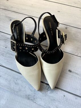 Charles & Keith Cream Pointed Toe Slingbacks with Black Studded Straps